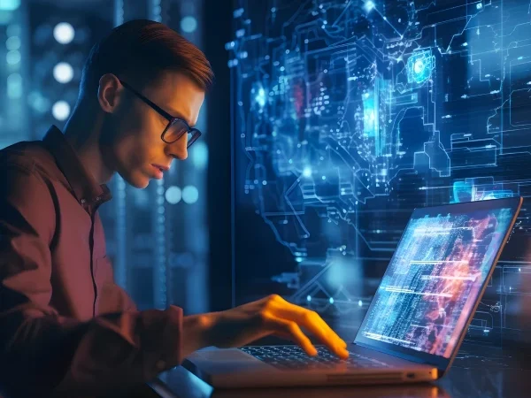 Homem usando um notebook em um ambiente tecnológico