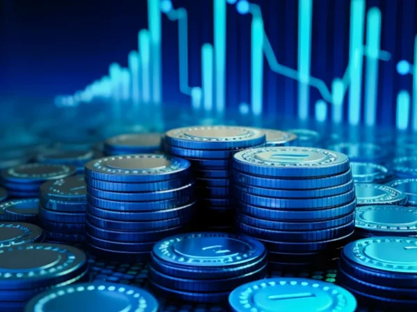 Várias pilhas de moedas com gráficos ao fundo