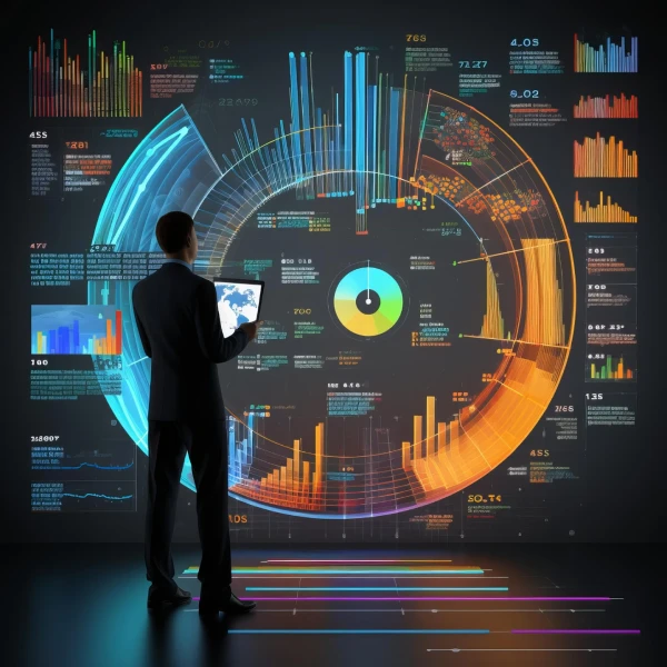 Homem em pé diante de muitos dados e gráficos