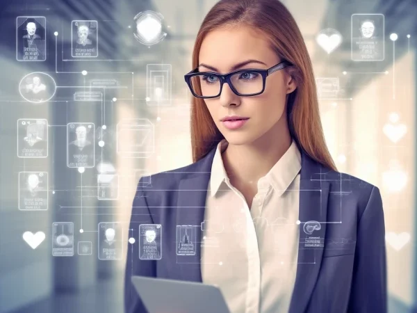 Mulher segurando um tablet e visualizando ícones tecnológicos