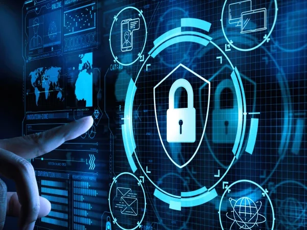 Botão digital com um ícone de cadeado representando ciber segurança