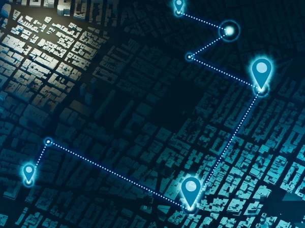 Mapa com alguns pontos marcados e ligados por linhas indicando trajetos
