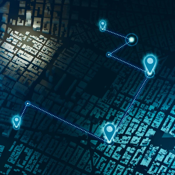 Mapa com alguns pontos marcados e ligados por linhas indicando trajetos